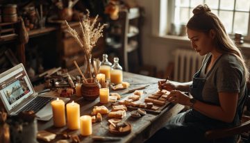 A cozy handmade workspace with candles, soaps, and craft tools on a wooden table; warm lighting, natural colors, showing a person creating handmade products with care and creativity; a laptop ope