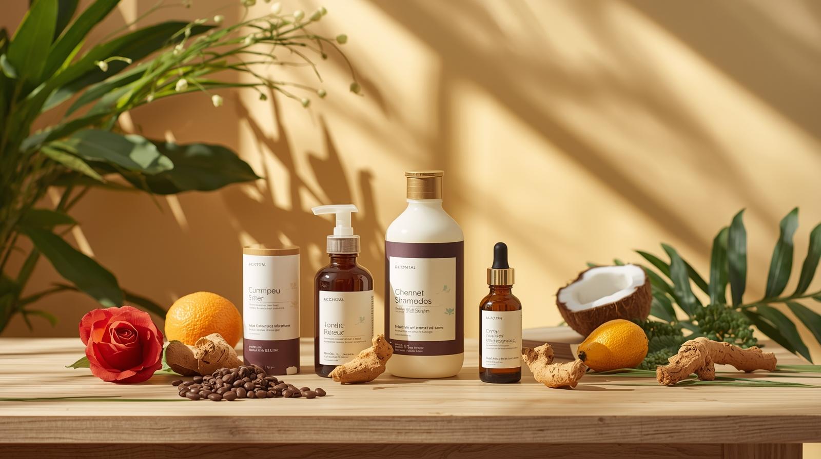 “Ảnh đại diện cho bài viết về hành trình xây dựng thương hiệu mỹ phẩm thiên nhiên của việt nam Bối cảnh gồm các sản phẩm mỹ phẩm tự nhiên (serum, kem dưỡng, dầu gội, tinh dầu) được sắp xếp tinh t