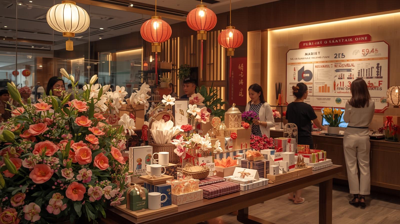 Một khung cảnh Tết Việt Nam rực rỡ và hiện đại, thể hiện tinh thần kinh doanh sôi động_ quầy hoa tươi đầy sắc màu (hoa đào, mai, ly, lan), bên cạnh là bàn trưng bày các giỏ quà Tết sang trọng, ba