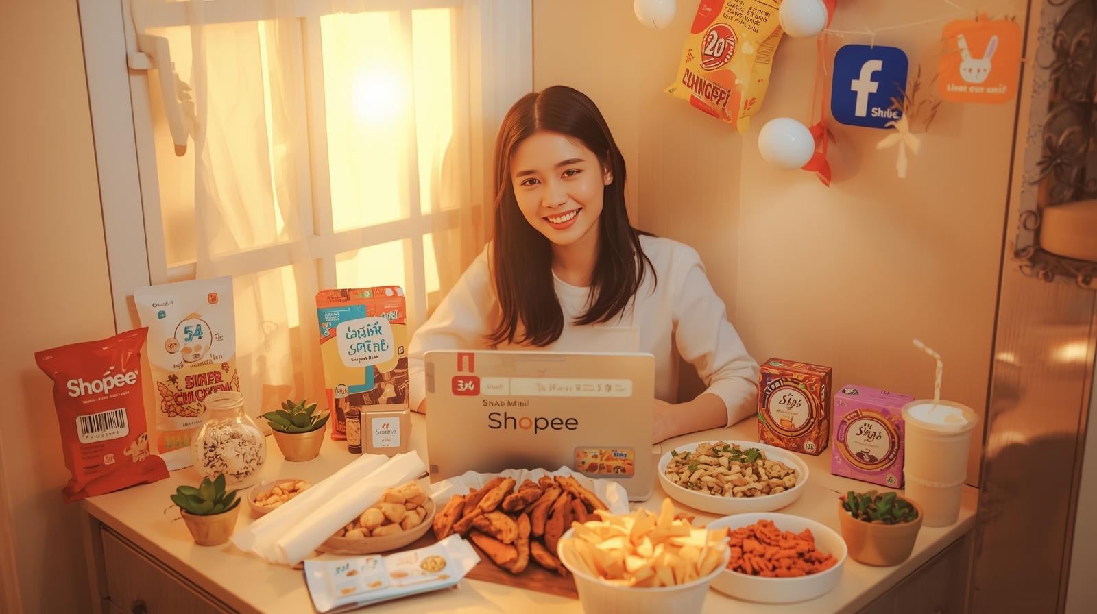 Một người trẻ Việt Nam (nam hoặc nữ) đang ngồi trong căn bếp nhỏ hoặc góc nhà, xung quanh là các nguyên liệu làm đồ ăn vặt như khô gà, bánh tráng, snack, trà sữa mini. Trên bàn có laptop hoặc điệ