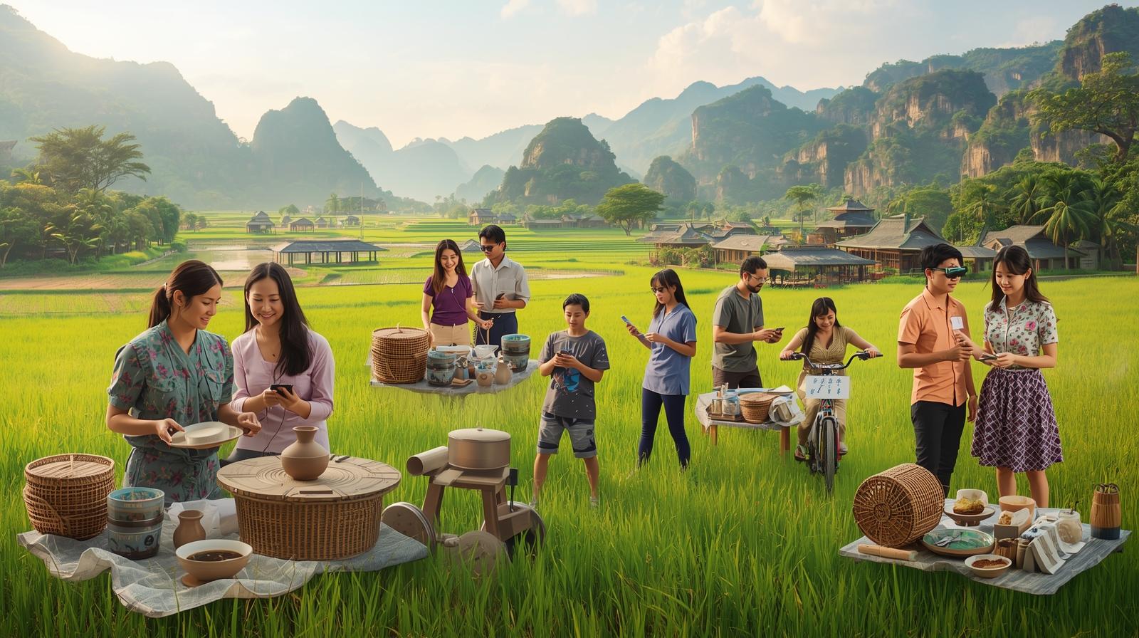 Tourists and local people in Vietnam enjoying immersive cultural experiences — cooking traditional dishes, crafting pottery, cycling through rice fields — while using mobile apps or AR glasses to